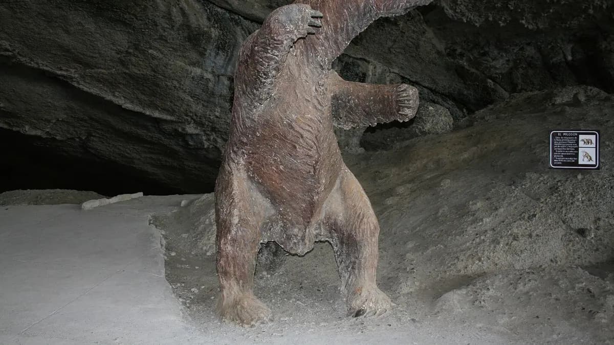 Figura a escala real del milodón bajo la bóveda de piedra de la cueva