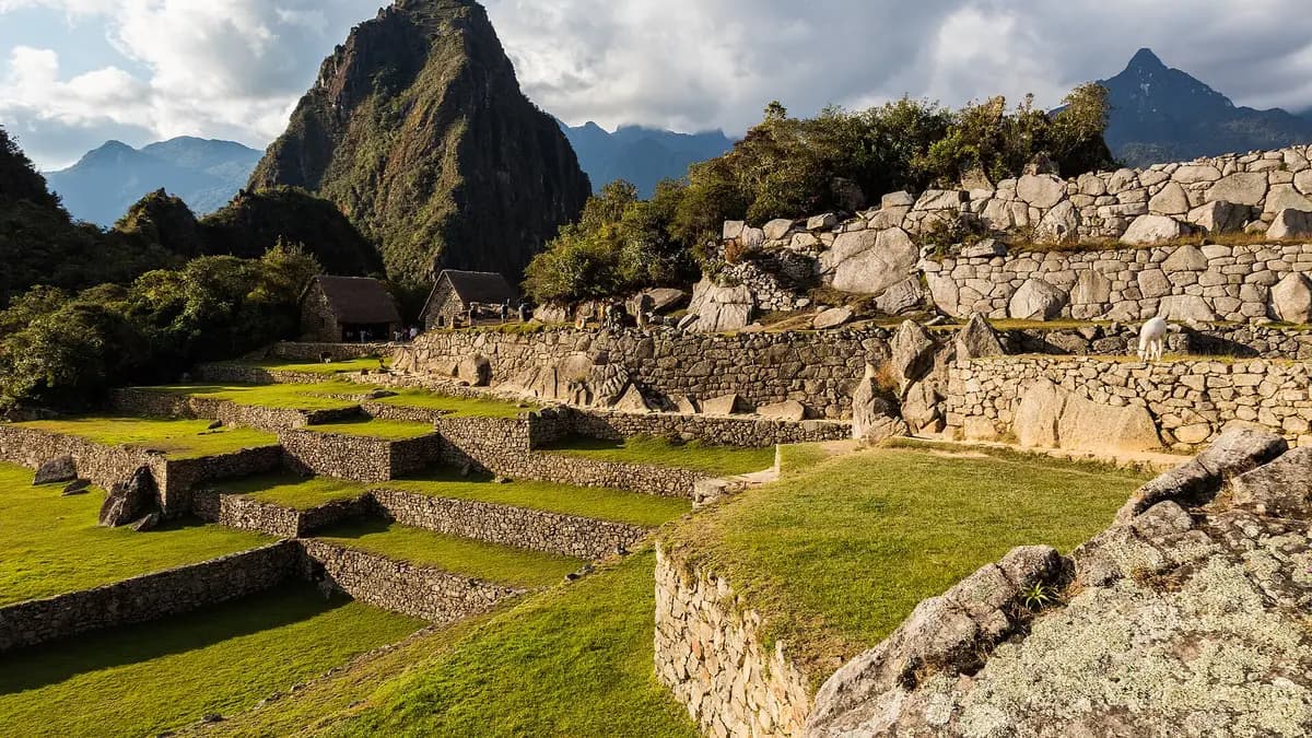 Terrazas de piedra de Machu Picchu con el cerro Huayna Picchu al fondo